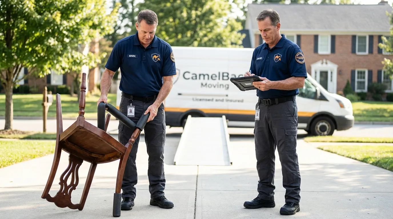 Movers inspecting furniture for damage prevention before loading in Hilliard, OH